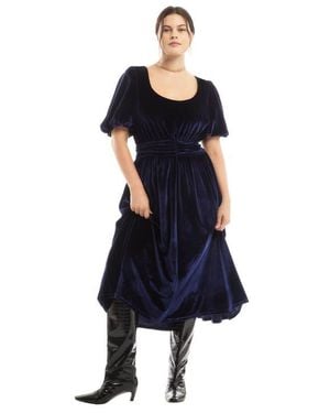 June + Vie Puff Sleeve Stretch-Velvet Midi Dress - Blue