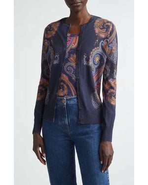 Etro Floral Paisley Silk & Cashmere Cardigan - Blue