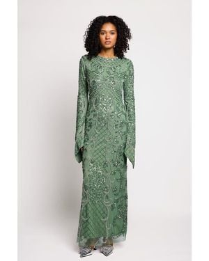 MARYISA Modest Embellished Sequins Flutter Sleeves Gown - Green