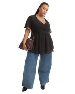 June + Vie Faux Wrap Fit-And-Flare Top - Black