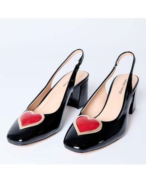 Unique Vintage Heart Leatherette Slingback Heels - Black