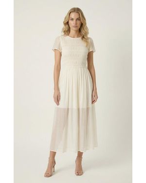 Modenaire Sheer Overlay Midi Dress With Smocked Bodice - Natural