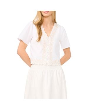 Cece Embroidered V-Neck Crop Stretch Cotton Button-Up Shirt - White