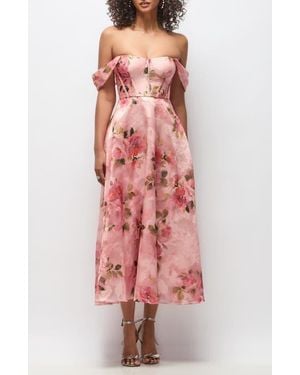 Dessy Collection Edie Floral Jacquard Cocktail Midi Dress - Red