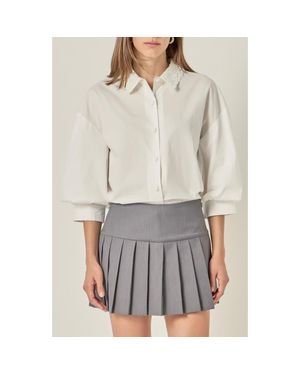 English Factory Lace Trim Blouson Sleeve Cotton Button-Up Shirt - Gray