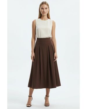 Exquise Flori Pleated Elasticated Back Midi Skirt - Brown
