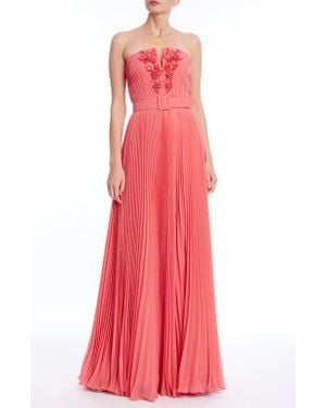 Badgley Mischka Embellished Pleated Strapless Gown - Red