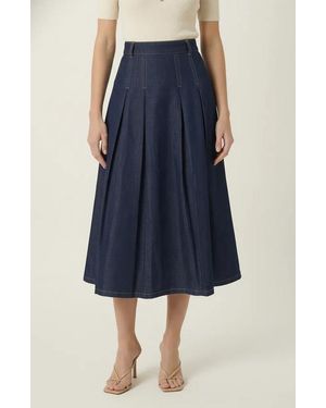 Modenaire High Waist Pleated Detail A-Line Midi Skirt - Blue