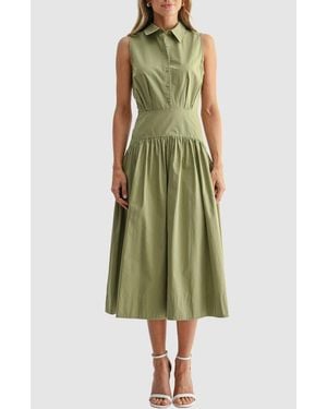 Mila + Mate Sleeveless Drop Waist Midi Shirtdress - Green