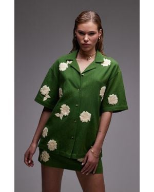 TOPSHOP Raffia Flower Button-Up Resort Shirt - Green