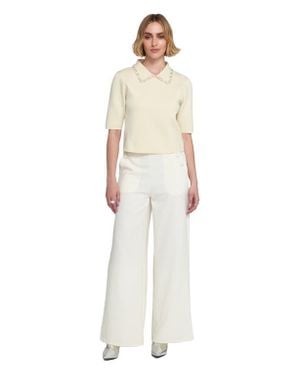 Elle Collection Wide Leg Trouser With Self Covered Buttons Wide-Leg Pants - White