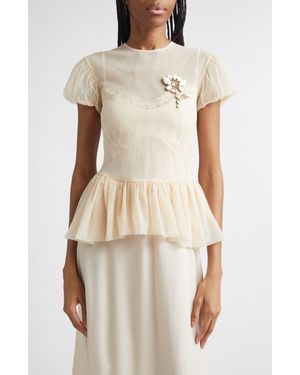 Simone Rocha Floral Embellished Sheer Tulle Peplum Top - Natural