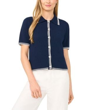Cece Pointelle Button-Up Cotton Top - Blue