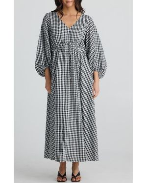 Brave+True Sunshine Plaid Long Sleeve Maxi Dress - Gray