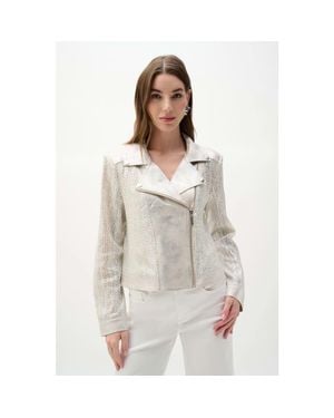 Joseph Ribkoff Faux Suede Foiled Knit Moto Jacket - White