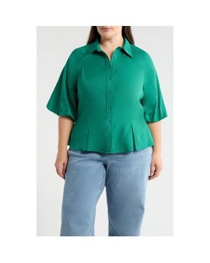 Wit & Wisdom Bubble Sleeve Flare Button-Up Chambray Top - Green