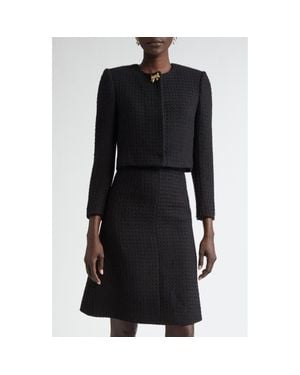 Oscar de la Renta Bow Detail Wool Tweed Crop Jacket - Black