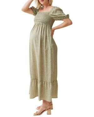 Ingrid & Isabel Elbow Sleeve Smocked Bodice Maxi Maternity Sundress - Green