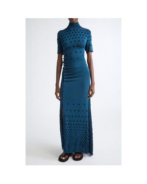 Rabanne Flocked Dot Cutout Jersey Gown - Blue