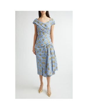 Lela Rose Metallic Floral Ruched Cotton Blend Jacquard Cocktail Dress - Blue