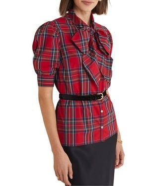 Vineyard Vines Plaid Bow Neck Stretch Cotton Poplin Button-Up Shirt - Red