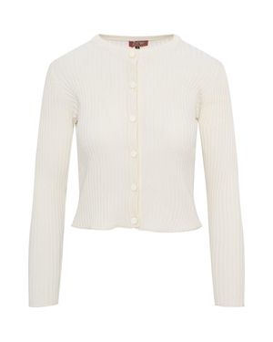 QEW Wide Rib Cropped Button Front Knit Cardigan - White