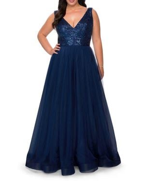 La Femme Curvy A-Line Gown With Sequin Bodice And Tulle Skirt - Blue