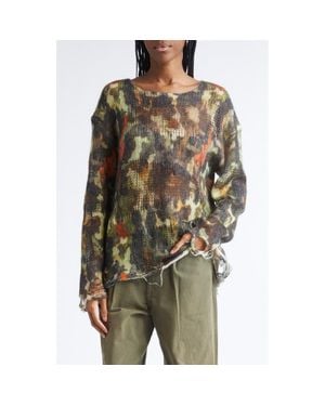 R13 Distressed Camouflage Merino Wool Boyfriend Sweater - Green