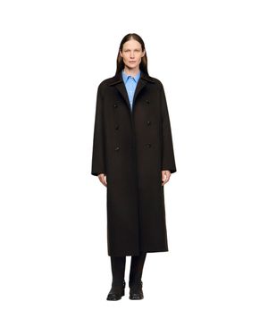 Sandro Long Wool And Leather Coat - Black