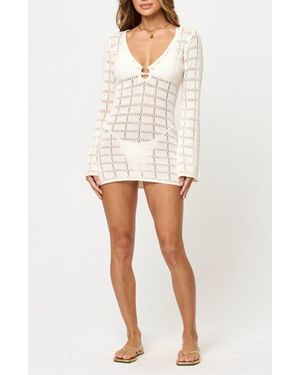 LSPACE Jessa Long Sleeve Open Stitch Cover-Up Minidress - White