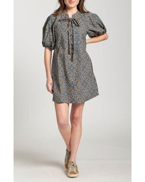 Apny Mixed Tile Print Puff Sleeve Cotton Dress - Gray