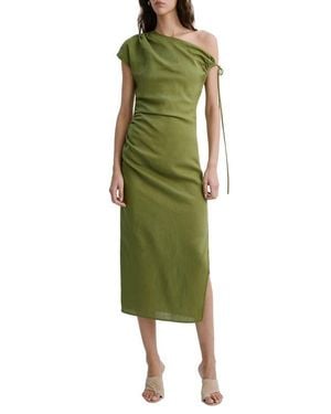 Mango Side Ruched One-Shoulder Midi Dress - Green