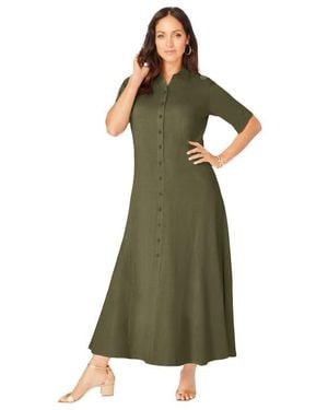 Jessica London Stretch Cotton Button Front Maxi Dress - Green