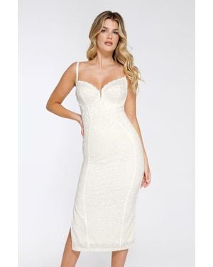 Popilush Shapewear All-Lace Hourglass Corset Side Slit Midi Dress - White