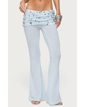 Edikted Zephyra Beaded Sequin Foldover Low Rise Flare Pants - Blue