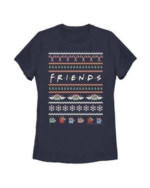 Friends Ugly Christmas Sweater Print Logo Graphic T-Shirt - Blue