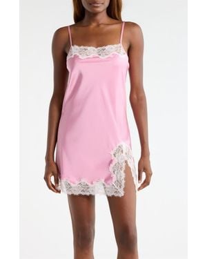 Open Edit Lace Trim Satin Chemise - Pink