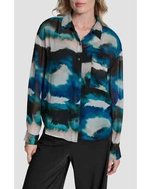 DKNY Print Long Sleeve Button-Up Chiffon Shirt - Blue