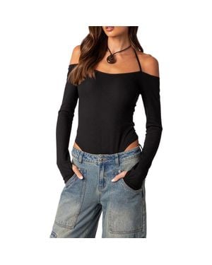 Edikted Model Off Duty Cold Shoulder Rib Bodysuit - Black
