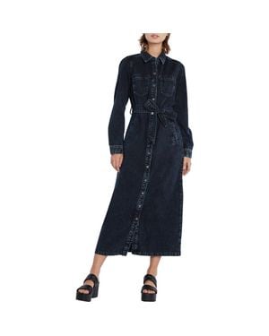 Wash Lab Denim Tie Waist Long Sleeve Denim Maxi Shirtdress - Blue