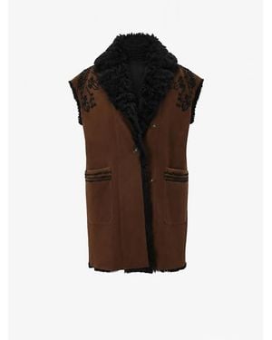 Mine Bilgi Cadenza Merino Curly Shearling Long Vest With Embroidery - Brown