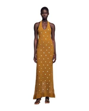 Sandro Long Knit Dress With Fringes - Metallic