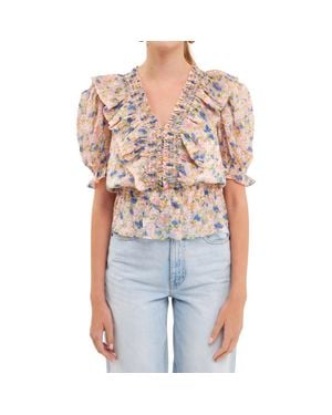 Endless Rose Smocked Ruffle Floral Blouse - Blue