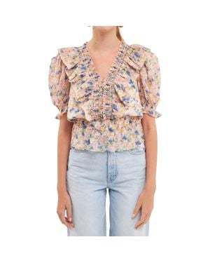 Endless Rose Smocked Ruffle Floral Blouse - Blue