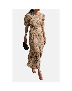 Friends Like These Ruched Puff Sleeve Chiffon Maxi Dress - Brown