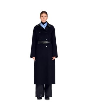 Sandro Long Wool And Leather Coat - Blue