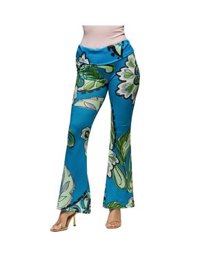 24seven Comfort Apparel Maternity Paisley Bell Bottom Foldover Waist Pants - Blue