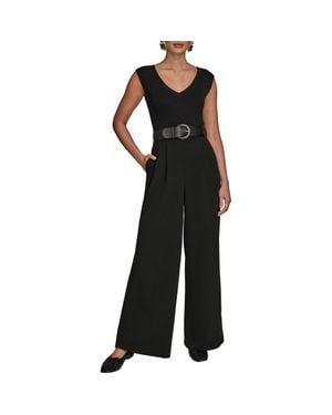 Donna Karan Sleeveless Belted Mixed Media Jumpsuit - Black