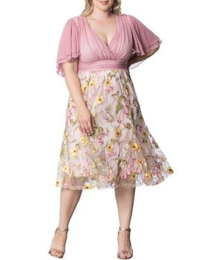 Kiyonna Lillian Embroidered Flutter Sleeve Cocktail Dress - Pink