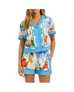 Seafolly Crop Linen Blend Button-Up Cover-Up Shirt - Blue